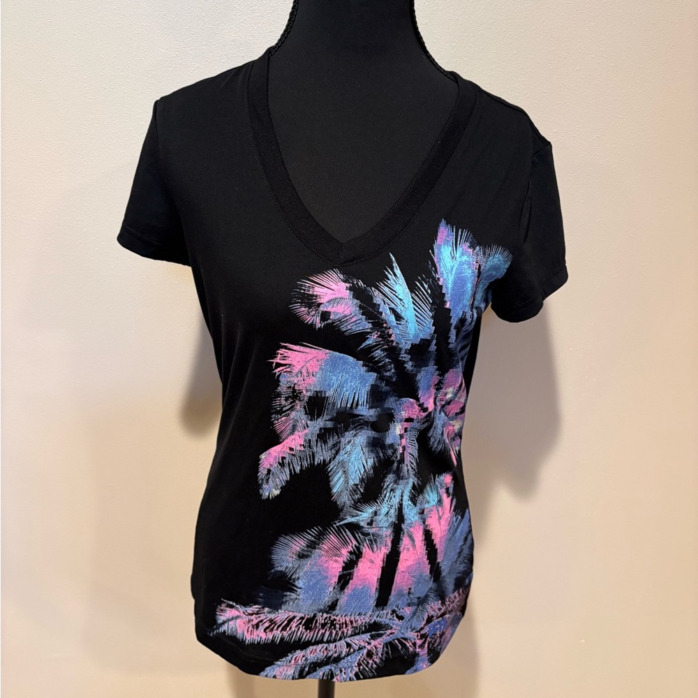 Fila Black V-Neck Workout Tee with Pink and Blue Graphic